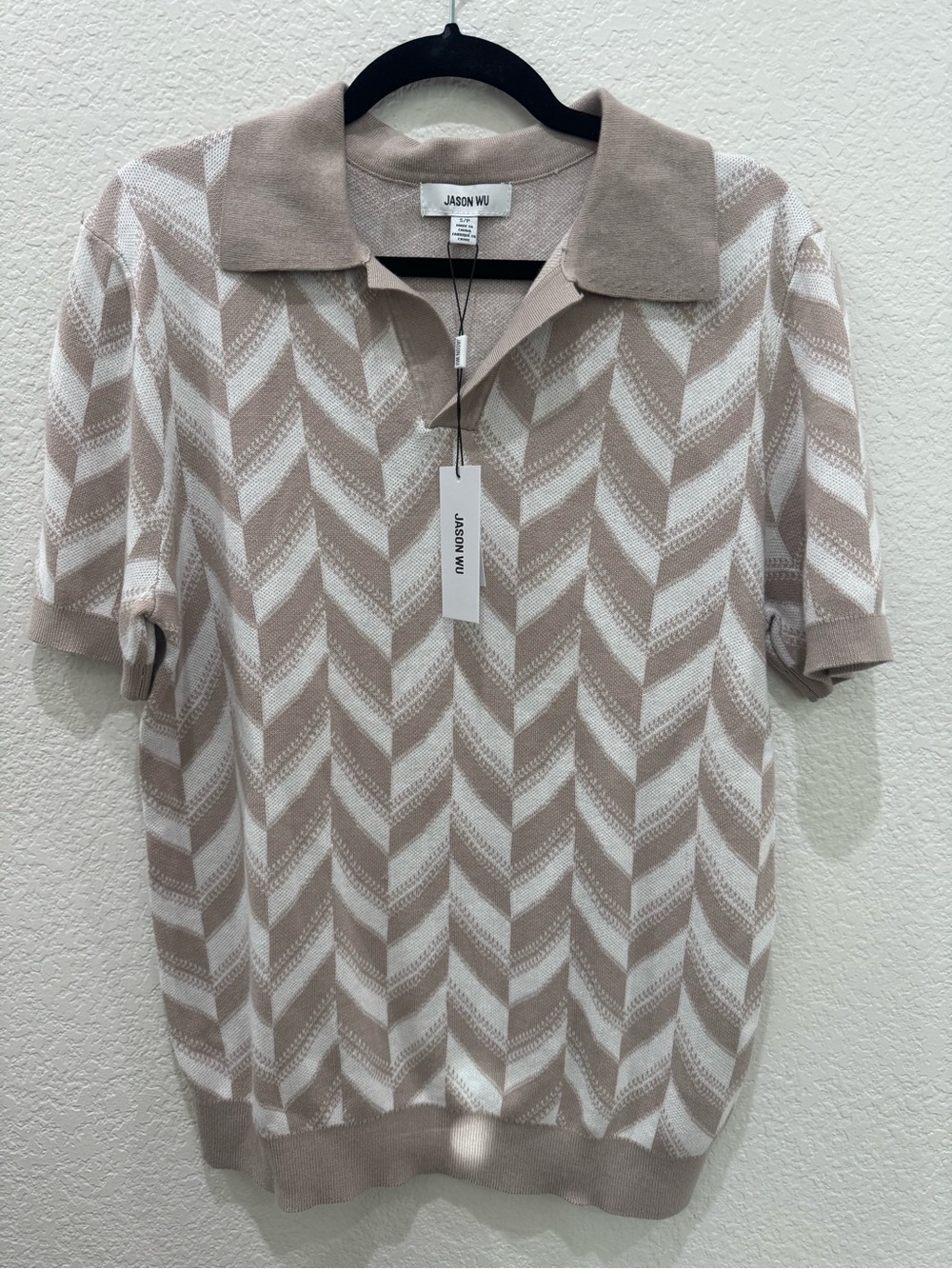 Jason Wu Silk Cotton Chevron Knit Polo Sweater Beige Ivory Short Sleeve NWT S